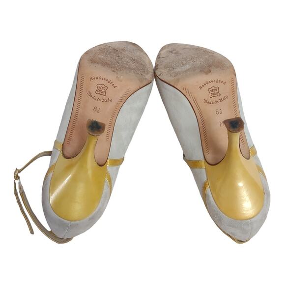 LARRY STUART Gray Suede Mary Jane Skinny Heels Sz 8.5 Gold Patent Leather Straps - Picture 8 of 9